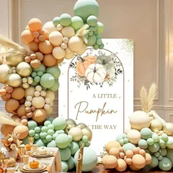 Fall Pumpkin Baby Shower Balloon Arch Kit, “A Little Pumpkin Is on the Way” Backdrop with Sage Green Orange Ivory Gold Balloons for Boy or Girl Baby Shower