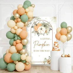 Fall Pumpkin Baby Shower Balloon Arch Kit, “A Little Pumpkin Is on the Way” Backdrop with Sage Green Orange Ivory Gold Balloons for Boy or Girl Baby Shower