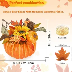 Fall Pumpkin Decorations with Lights, 8 x 8.5 Inch Artificial Pumpkin with 50 Fake Maple Leaves and 1M String Lights, Faux Fall Centerpiece for Table, Porch, Mantel, Halloween and Thanksgiving Decor