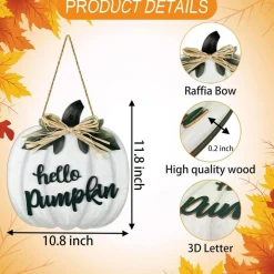 Fall Pumpkin Door Decor, White Wooden Pumpkin Hanging Sign with Raffia Bow and Hello Pumpkin 3D Lettering, Autumn Front Door Hanger for Thanksgiving Harvest Indoor Outdoor Home Decoration
