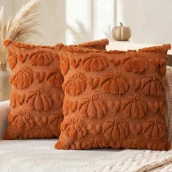 Fall Pumpkin Heart Throw Pillow Covers Set of 2 (18x18) – Caramel Autumn Thanksgiving Harvest Soft Plush Faux Fur Jacquard Cushion Cases for Sofa, Couch & Home Decor