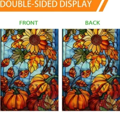 Fall Pumpkin House Flag for Outside 28x40 Inch Double Sided, Autumn Yard Flag Stained Glass Thanksgiving Garden Flag for Outside Farmhouse Holiday Decorations