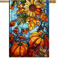 Fall Pumpkin House Flag for Outside 28x40 Inch Double Sided, Autumn Yard Flag Stained Glass Thanksgiving Garden Flag for Outside Farmhouse Holiday Decorations