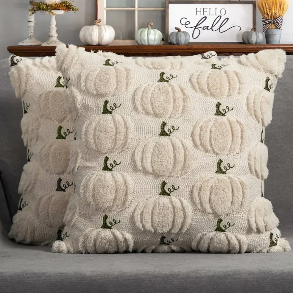 Fall Pumpkin Pillow Covers 18x18 Set of 2 Beige Fall Farmhouse Decor