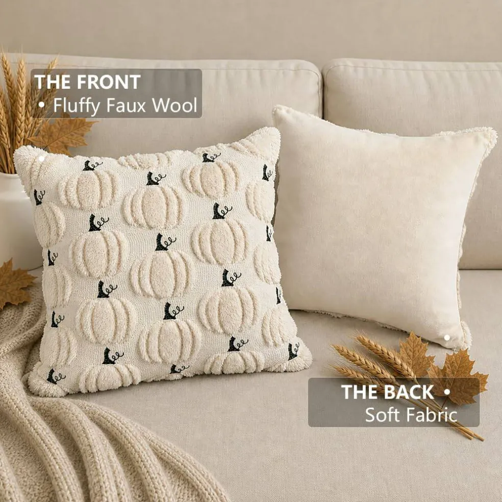 Fall Pumpkin Pillow Covers 18x18 Set of 2 Beige Fall Farmhouse Decor