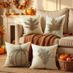 Fall Pumpkin Throw Pillow Covers 18 x 18 Inch Set of 4 Linen Autumn Thanksgiving Decorative Cushion Covers Buffalo Plaid Maple Leaf Farmhouse Pillow Cases for Sofa Couch Home Decor