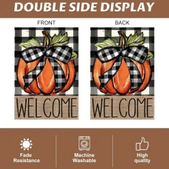 Fall Pumpkin Welcome Garden Flag 12x18 Inch Double Sided Buffalo Plaid Autumn Burlap Yard Flag, Thanksgiving Harvest Outdoor Porch Lawn Seasonal Holiday Home Decoration