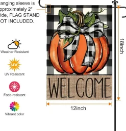Fall Pumpkin Welcome Garden Flag 12x18 Inch Double Sided Buffalo Plaid Autumn Burlap Yard Banner, Thanksgiving Harvest Outdoor Porch Lawn Seasonal Holiday Home Decoration Flag