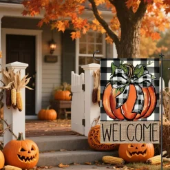 Fall Pumpkin Welcome Garden Flag 12x18 Inch Double Sided Buffalo Plaid Autumn Burlap Yard Banner, Thanksgiving Harvest Outdoor Porch Lawn Seasonal Holiday Home Decoration Flag