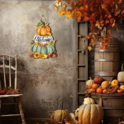 Fall Pumpkin Welcome Sign Wooden Door Hanging Decor, Rustic Hello Fall Autumn Thanksgiving Porch Wall Decor with Sunflowers Maple Leaves & Vintage Pumpkins for Indoor Outdoor Farmhouse Display