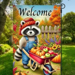 Fall Raccoon Garden Flag 12x18 Inch Double Sided Autumn Yard Banner, Cute Raccoon with Pumpkins and Apples Harvest Design, Farmhouse Outdoor Porch Patio Lawn Thanksgiving Decor