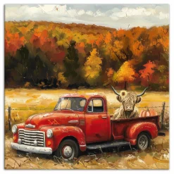 Fall Red Truck Highland 16" x 16" Canvas Wall Art