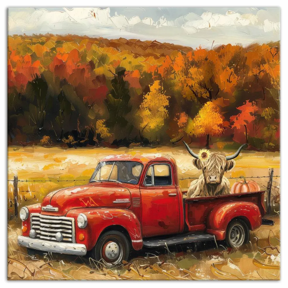 Fall Red Truck Highland 16" x 16" Canvas Wall Art