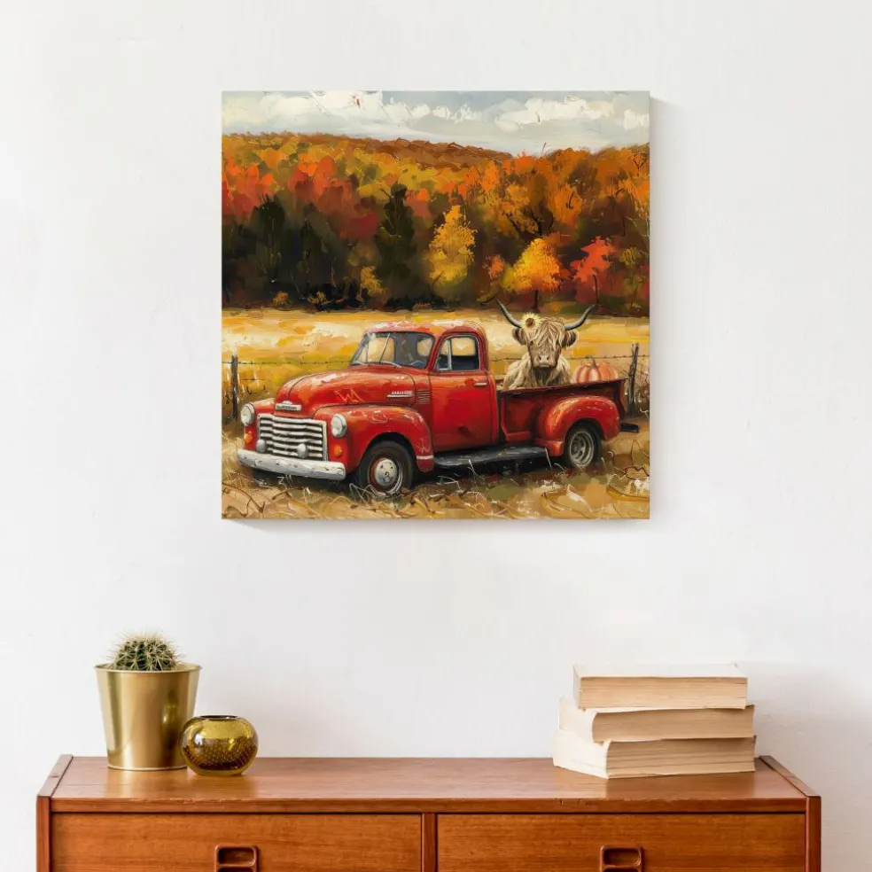 Fall Red Truck Highland 16" x 16" Canvas Wall Art