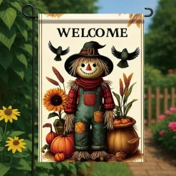 Fall Scarecrow Garden Flag 12x18 Inch Double-Sided Welcome Yard Banner, Autumn Sunflower Pumpkin Harvest Farmhouse Outdoor Porch Lawn Decor