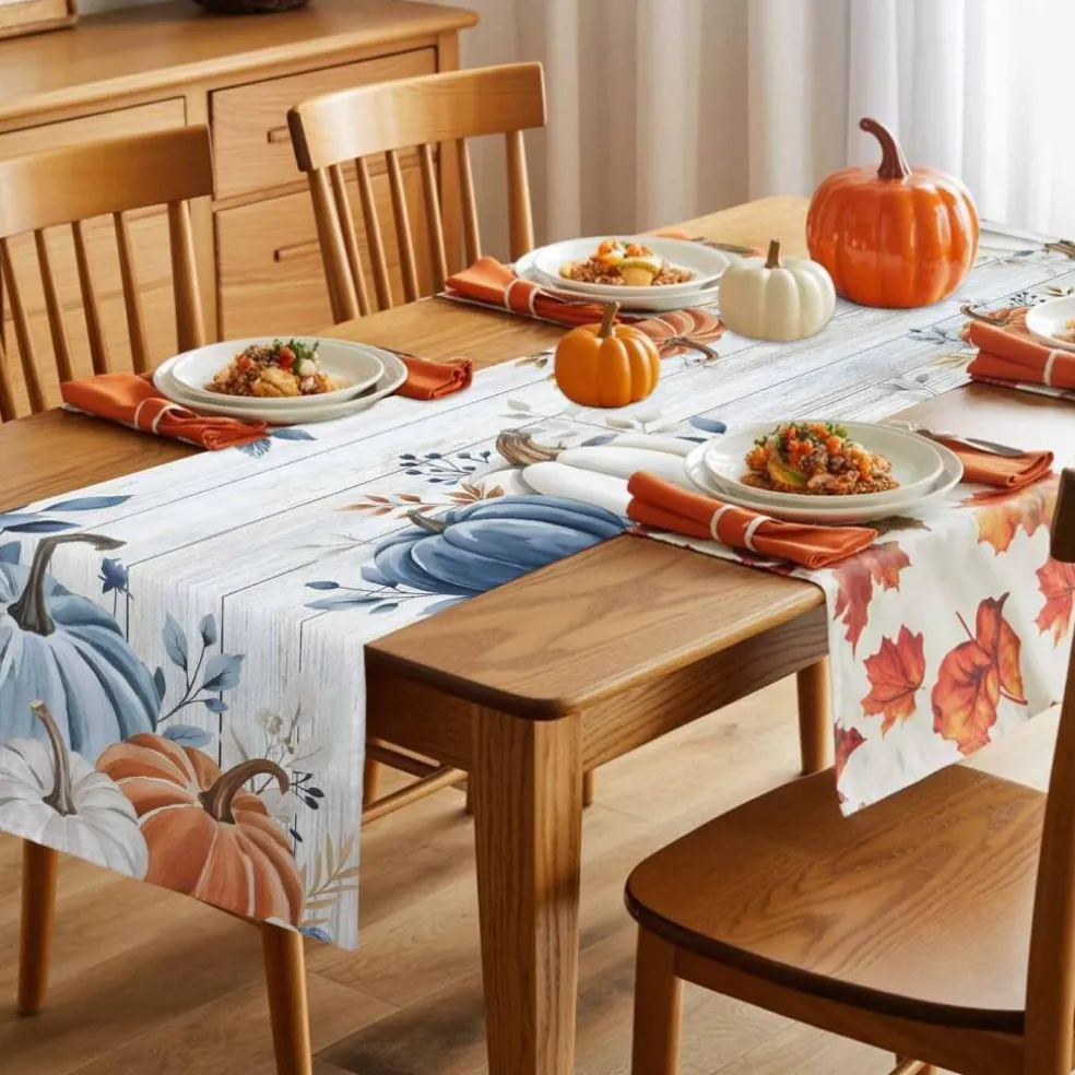 Fall Table Runner Blue Pumpkin Table Runners for Dining Room Leaves Floral Wood Grain Dinner Runner Thanksgiving Kitchen Decor 13" x 72"