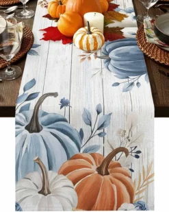 Fall Table Runner Blue Pumpkin Table Runners for Dining Room Leaves Floral Wood Grain Dinner Runner Thanksgiving Kitchen Decor 13