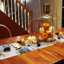 Fall Table Runner Blue Pumpkin Table Runners for Dining Room Leaves Floral Wood Grain Dinner Runner Thanksgiving Kitchen Decor 13