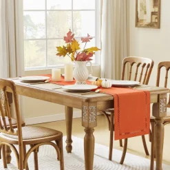 Fall Table Runner Decorations, Burlap Style Farmhouse 13 x 108 Inch Orange Table Runner, Rustic Geometric Hollow Table Runners 108 Inches Long for Autumn Thanksgiving Decorations, 13x108 Inches,Orange