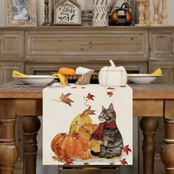 Fall Table Runner Pumpkins Cat Maple Leaf Autumn Harvest Seasonal Thanksgiving Decorations for Home Kitchen Dining Room Party Decor 13 x 108 Inch