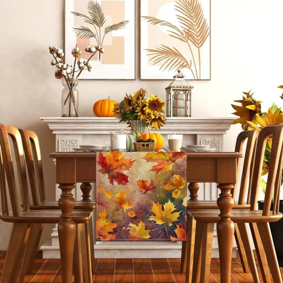 Fall Table Runner 13x72 Inch, Autumn Thanksgiving Maple Leaf Table Decor, Rustic Farmhouse Polyester Tablecloth Runner for Kitchen Dining Room Home Holiday Decoration