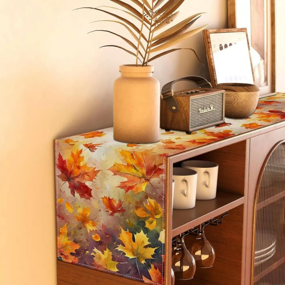 Fall Table Runner 13x72 Inch, Autumn Thanksgiving Maple Leaf Table Decor, Rustic Farmhouse Polyester Tablecloth Runner for Kitchen Dining Room Home Holiday Decoration