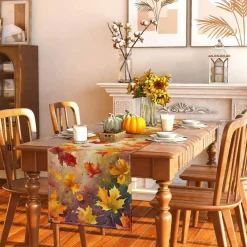 Fall Table Runner 13x72 Inch, Autumn Thanksgiving Maple Leaf Table Decor, Rustic Farmhouse Polyester Tablecloth Runner for Kitchen Dining Room Home Holiday Decoration