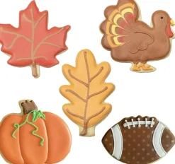 Fall Thanksgiving Cookie Cutter Set of 5, Turkey Football Maple Leaf Oak Leaf Pumpkin Shapes, Stainless Steel Baking Molds for Cookies Fondant Cakes Brownies Crafts