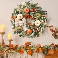 22” Fall Wreath for Front Door – Autumn Pumpkin Wreath with Bow, Berries & Leaves, Farmhouse Thanksgiving Halloween Decor for Porch, Wall, Indoor & Outdoor Home Decoration