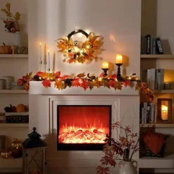 Fall Wreath for Front Door, Lighted Autumn Wreath, Thanksgiving Wreath, Harvest Decor, Fall Home Decorations | 18 Inch Owl Pumpkin Wreath with 20 LED Lights, Maple Leaves, Pine Cones, Berries & White Pumpkins for Porch, Wall, Fireplace & Indoor Outdo