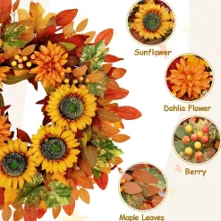 Fall Wreaths for Front Door, Autumn Sunflower Wreath, Thanksgiving Wreath, Fall Home Decor, Outdoor Fall Decorations | 22 Inch Handmade Maple Leaf Wreath with Sunflowers, Dahlias & Berries for Porch, Wall, Mantel, Indoor Outdoor Harvest Decor