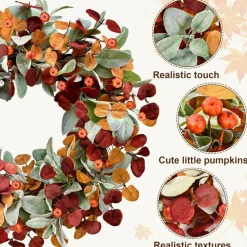 Fall Wreaths for Front Door, Autumn Door Wreath, Thanksgiving Wreath, Harvest Home Decor, Farmhouse Fall Decorations | 22 Inch Eucalyptus Leaf Wreath with Lambs Ear Leaves, Pumpkins & Orange Red Foliage for Porch, Wall, Fireplace, Indoor & Outdoor De