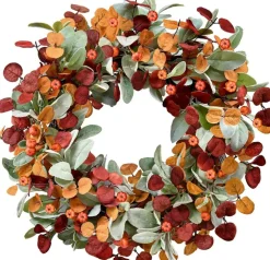 Fall Wreaths for Front Door, Autumn Door Wreath, Thanksgiving Wreath, Harvest Home Decor, Farmhouse Fall Decorations | 22 Inch Eucalyptus Leaf Wreath with Lambs Ear Leaves, Pumpkins & Orange Red Foliage for Porch, Wall, Fireplace, Indoor & Outdoor De