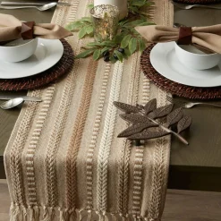 Farmhouse Braided Stripe Table Runner Collection, 15x72 (15x77, Fringe Included), Stone