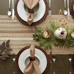 Farmhouse Braided Stripe Table Runner Collection, 15x72 (15x77, Fringe Included), Stone