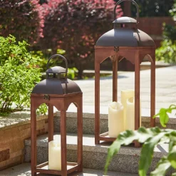 Farmhouse Brown Candle Lantern Set, 24.5" & 20"