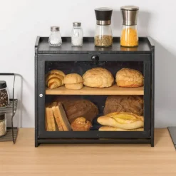 Farmhouse Double Deck Bread Box for Kitchen Countertop, Bamboo Wooden Bread Storage Container with Acrylic Door, Ventilated Bread Keeper Organizer