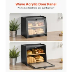 Farmhouse Double Deck Bread Box for Kitchen Countertop, Bamboo Wooden Bread Storage Container with Acrylic Door, Ventilated Bread Keeper Organizer