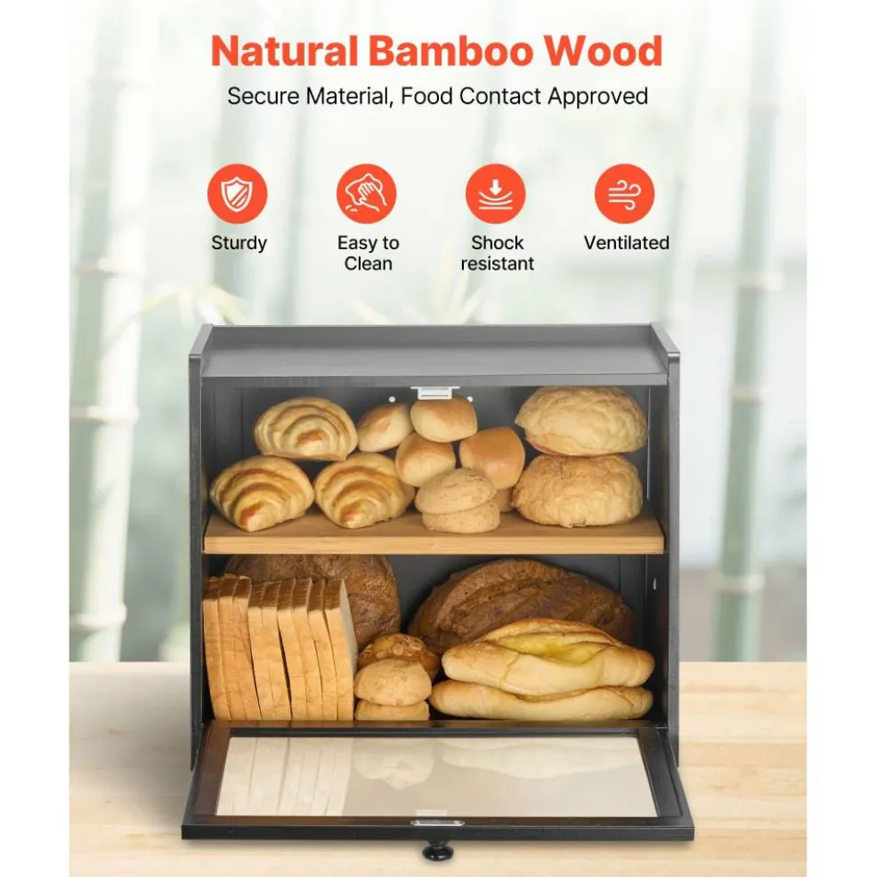 Farmhouse Double Deck Bread Box for Kitchen Countertop, Bamboo Wooden Bread Storage Container with Acrylic Door, Ventilated Bread Keeper Organizer