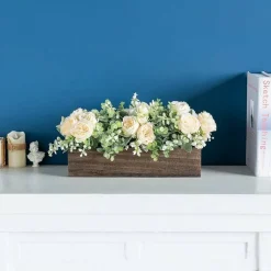 Farmhouse Wooden Table Centerpiece with Artificial Flowers and Eucalyptus, Rustic Floral Centerpiece Tray for Dining Table, Kitchen, Coffee Table, Living Room and Home Decor, 14.1 Inch