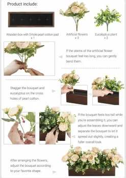 Farmhouse Wooden Table Centerpiece with Artificial Flowers and Eucalyptus, Rustic Floral Centerpiece Tray for Dining Table, Kitchen, Coffee Table, Living Room and Home Decor, 14.1 Inch