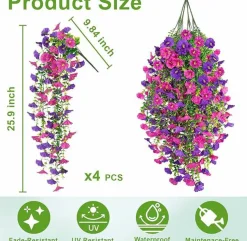 Faux Morning Glory Hanging Flower Vines, 4 Count — UV Resistant Fake Outdoor Trailing Plants for Window Boxes, Patio, and Porch Decor, Purple Mix