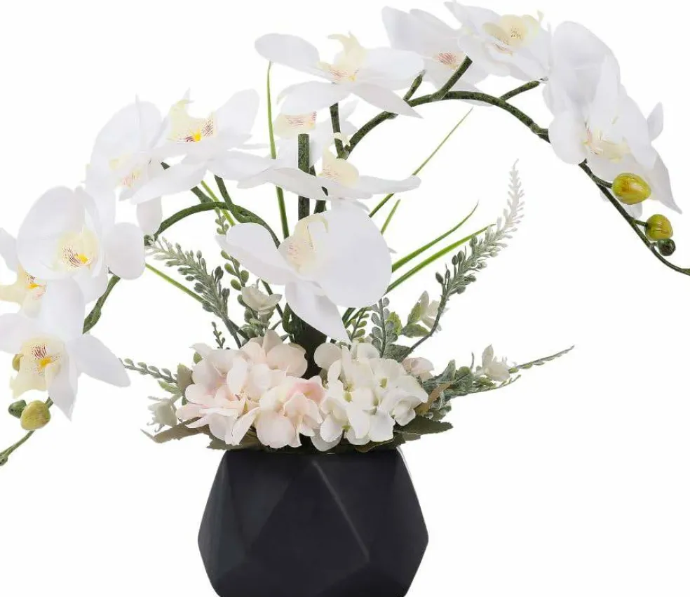 Faux Phalaenopsis Orchid in Black Vase – Artificial Flowers Decor