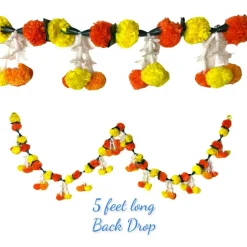 5 Feet Marigold Jasmine Yellow Orange Door Toran Hanging Valance Marygold Garland Mantle Decor Puja Diwali Decoration Day of the Dead Dia De Los Muertos Mexican Fiesta Halloween Decor