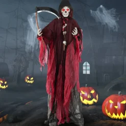 8 Feet Sound Activated Grim Reaper Halloween Prop with Lighted Eyes and Scary Sounds for Yard Decor