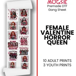 Female Valentine Horror Queen DTF Transfer 22x60 - Direct-to-Film Gang Sheet, Ready-to-Press Horror Valentine Design for Apparel