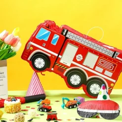 Fire Truck Piñata with Hanging Loop Blindfold Bat and Confetti Filler for Kids Boys Firefighter Firetruck Theme Birthday Party Decorations Supplies