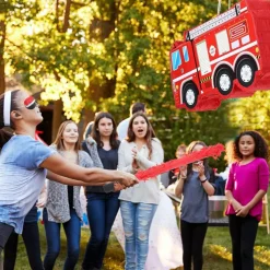 Fire Truck Piñata with Hanging Loop Blindfold Bat and Confetti Filler for Kids Boys Firefighter Firetruck Theme Birthday Party Decorations Supplies