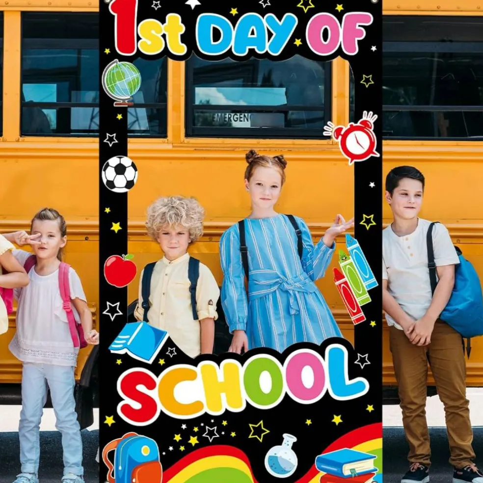 First Day of School Photo Backdrop – 3.2 ft x 5.9 ft Welcome Back to School Photography Banner, Classroom Party Decor Background for Kids Preschool New School Year Event Supplies