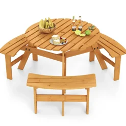 Fir Wood Round Picnic Table Set with 3 Benches and Umbrella Hole